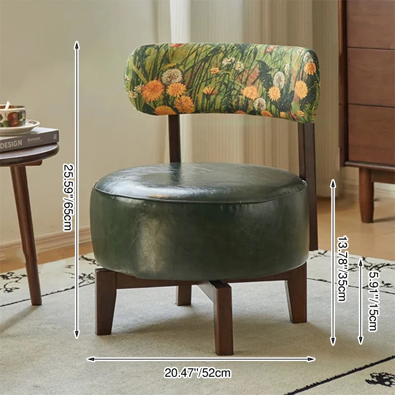 Traditional Vintage Swivel Round Rubberwood Faux Oil-waxed Leather Chair Backrest For Living Room
