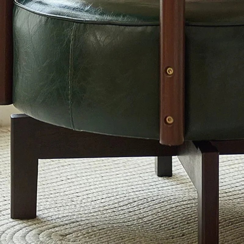 Traditional Vintage Swivel Round Rubberwood Faux Oil-waxed Leather Chair Backrest For Living Room