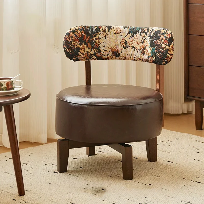 Traditional Vintage Swivel Round Rubberwood Faux Oil-waxed Leather Chair Backrest For Living Room