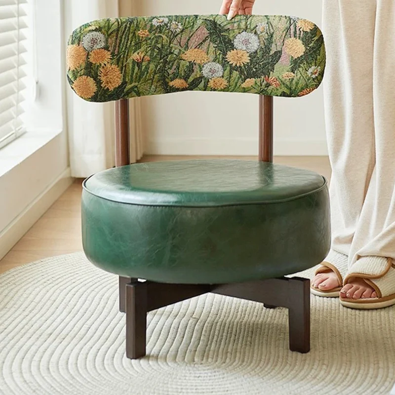 Traditional Vintage Swivel Round Rubberwood Faux Oil-waxed Leather Chair Backrest For Living Room