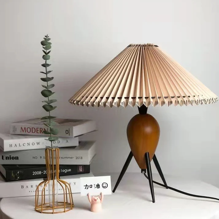 Contemporary Retro Umbrella Fabric Lampshade Wood Base 1 - Light Table Lamp For Living Room