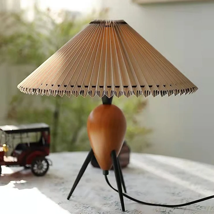 Contemporary Retro Umbrella Fabric Lampshade Wood Base 1 - Light Table Lamp For Living Room