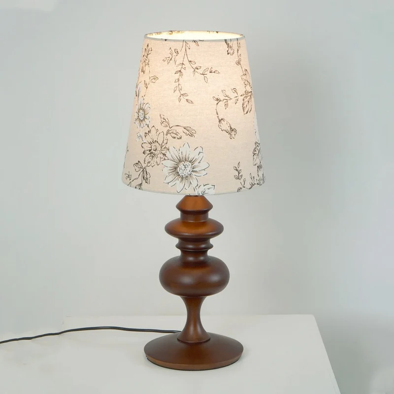 Traditional French Cylinder Floral Fabric Shade Solid Wood Base 1-Light Table Lamp For Bedroom
