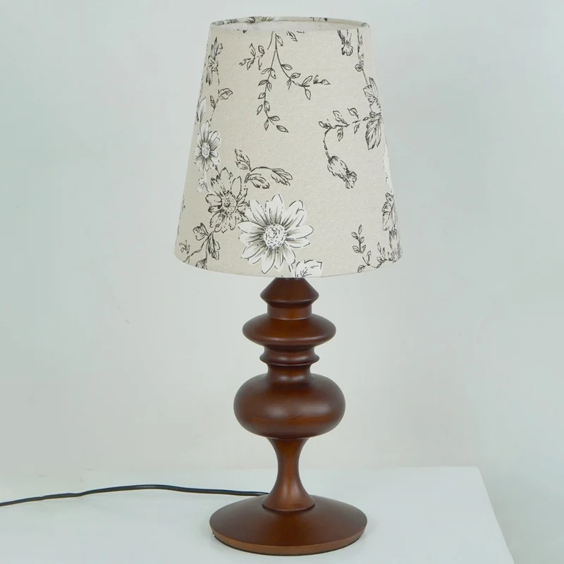 Traditional French Cylinder Floral Fabric Shade Solid Wood Base 1-Light Table Lamp For Bedroom