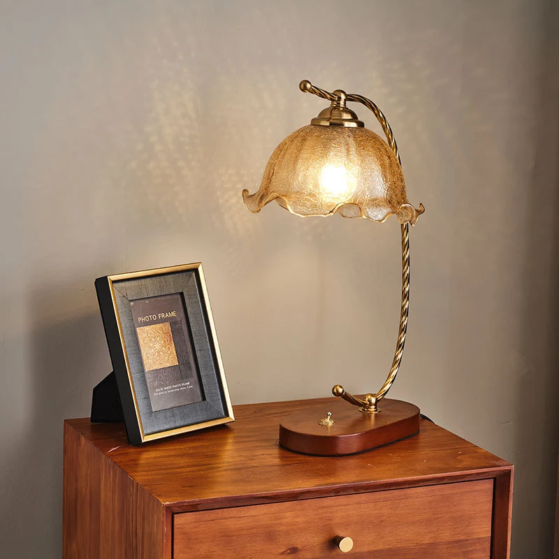 Traditional Vintage Oval Wooden Base Metal Flower Glass Shade 1-Light Table Lamp For Bedroom