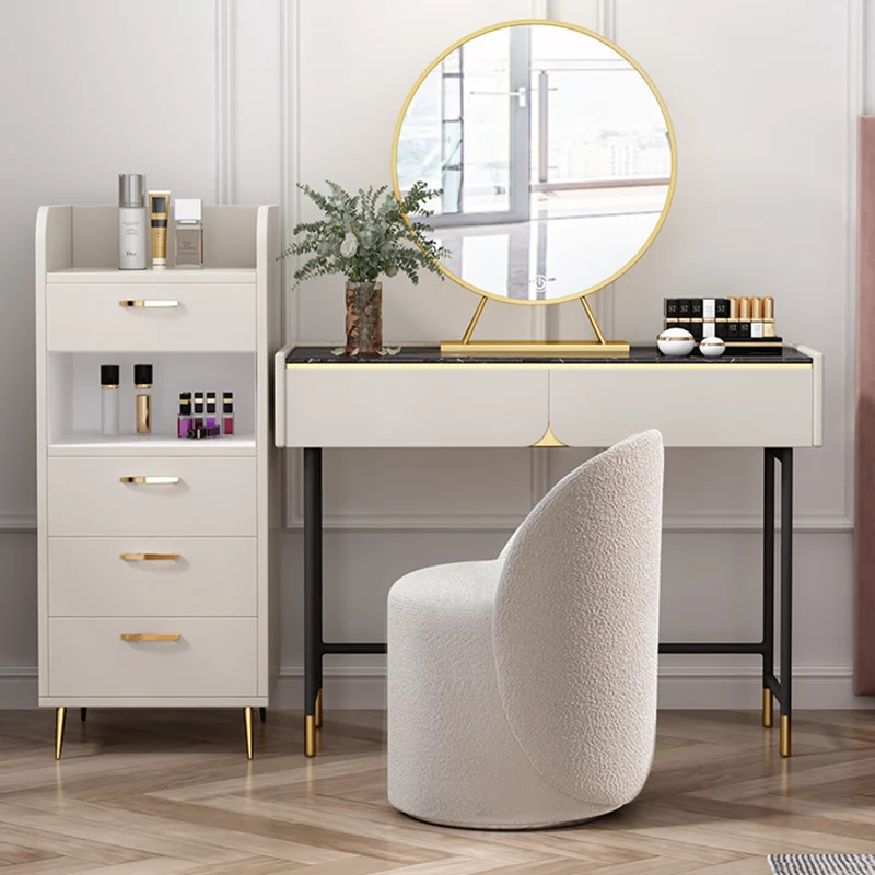 Modern Simplicity Sherpa Fabric Fleece PU Leather Wood Sponge Thumb Round Curved Vanity Stool Backrest Swivel For Bedroom