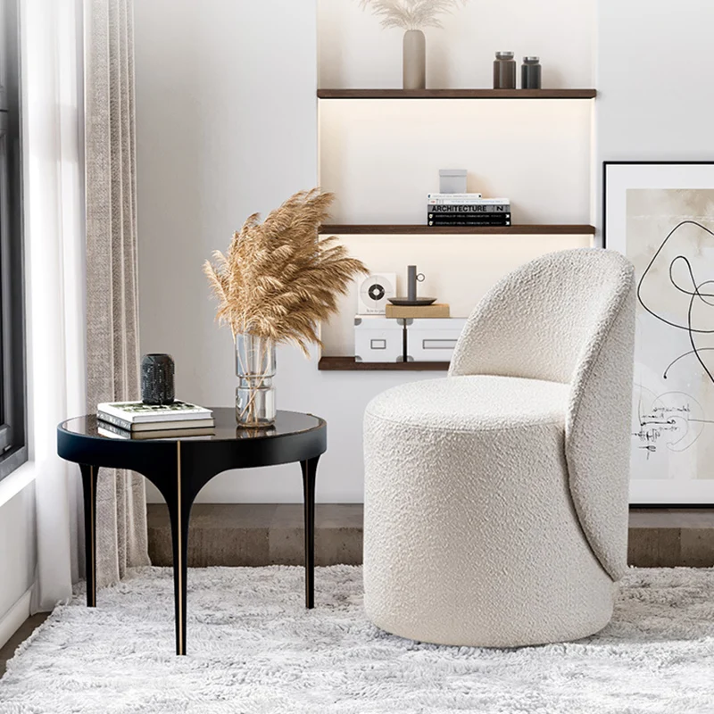 Modern Simplicity Sherpa Fabric Fleece PU Leather Wood Sponge Thumb Round Curved Vanity Stool Backrest Swivel For Bedroom
