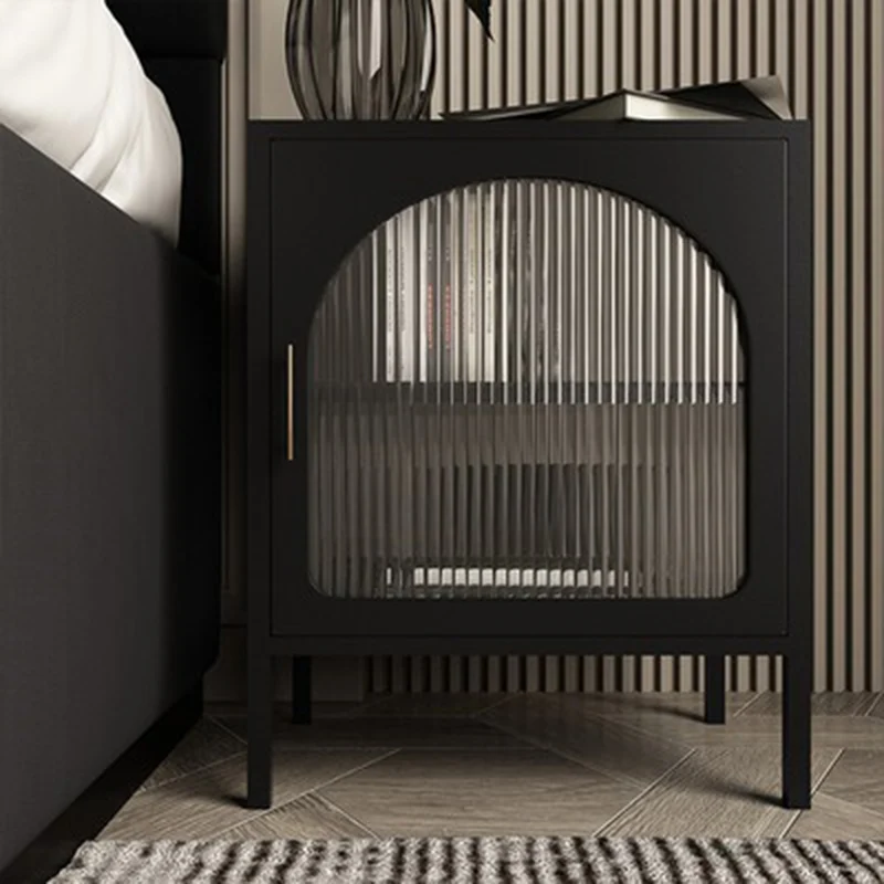 Contemporary Nordic Square Cube Striped Glass Iron Nightstand 2-Tier For Bedside