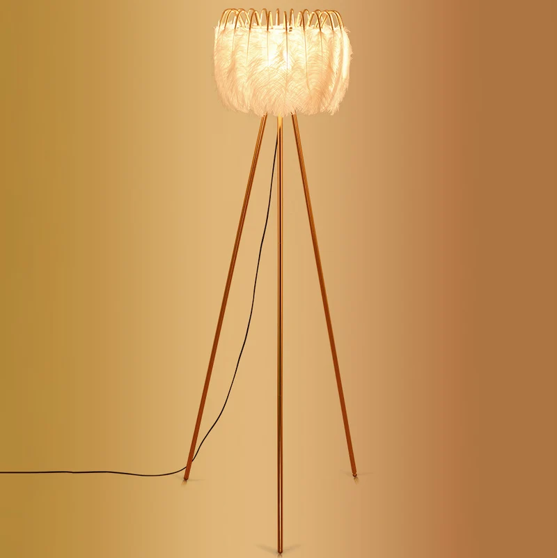 Contemporary Creative Curved Round Natural Feather Iron 1-Light Standing Floor Lamp For Living Room