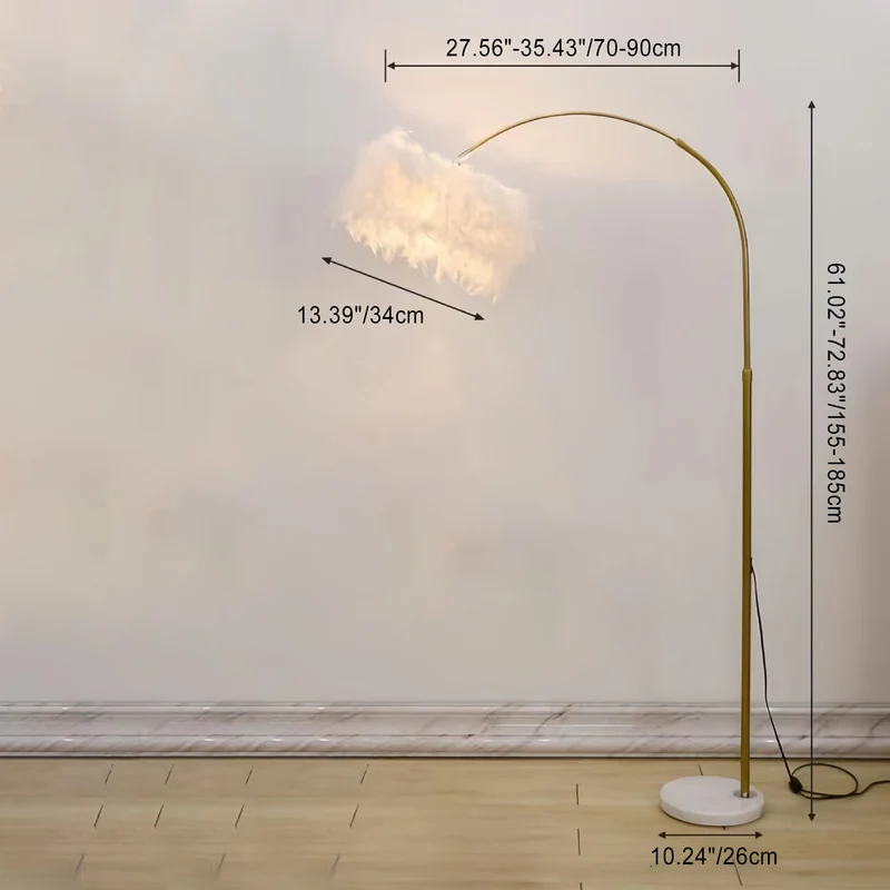 Contemporary Creative Retractable Curved Round Feather Iron Marble 1-Light Standing Floor Lamp For Living Room