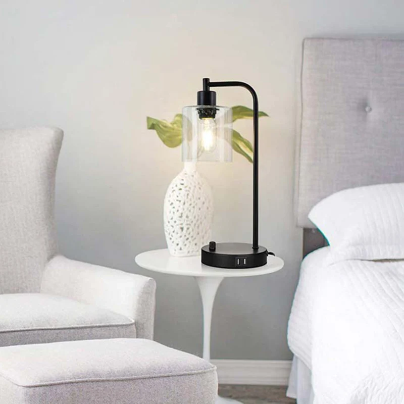 Contemporary Industrial Cylinder Iron Glass 1-Light Table Lamp For Living Room