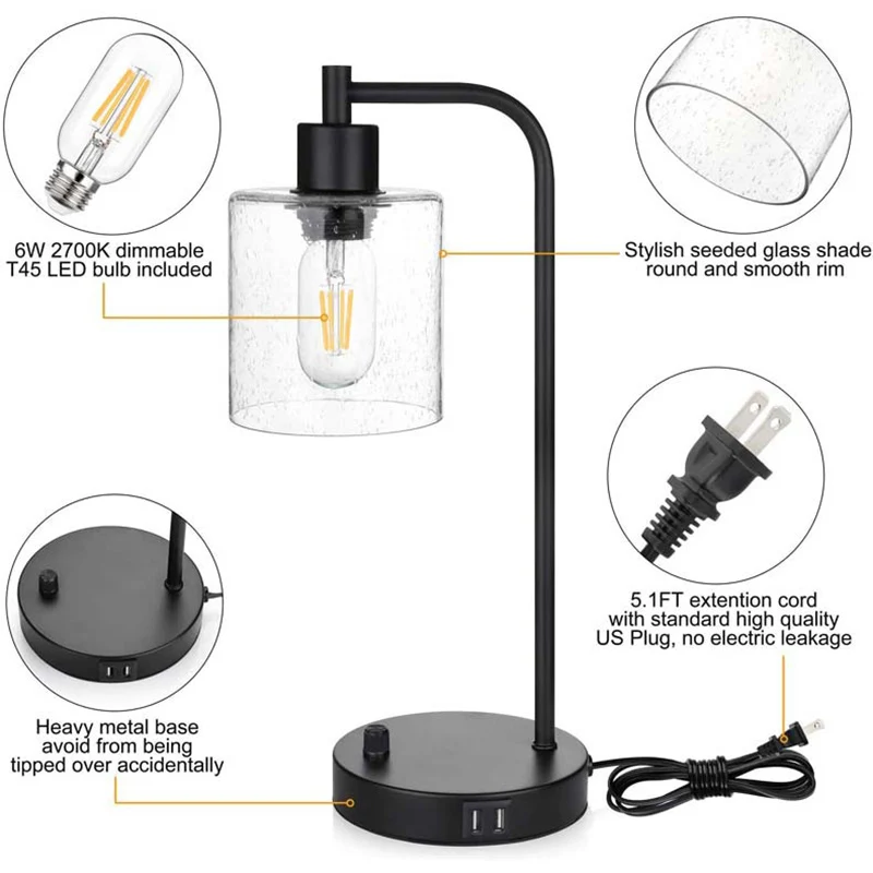 Contemporary Industrial Cylinder Iron Glass 1-Light Table Lamp For Living Room