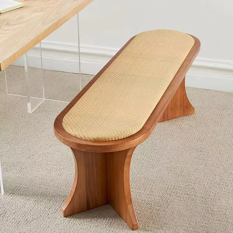 Contemporary Scandinavian Long Oval Curved Leather Rattan Mat Solid Wood Shoe Bench Low Stool For Living Room