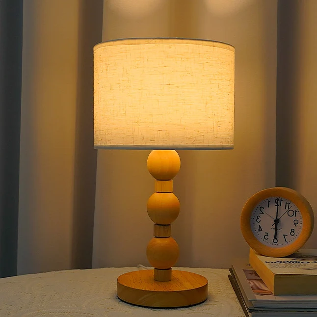 Contemporary Retro USB Cylinder Fabric Shade Wood Bead Base LED Table Lamp For Bedroom