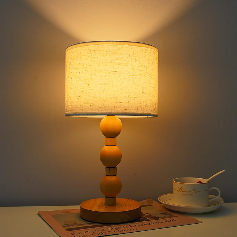 Contemporary Retro USB Cylinder Fabric Shade Wood Bead Base LED Table Lamp For Bedroom