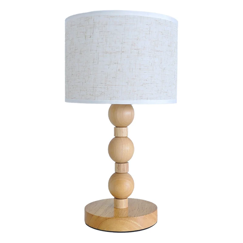 Contemporary Retro USB Cylinder Fabric Shade Wood Bead Base LED Table Lamp For Bedroom