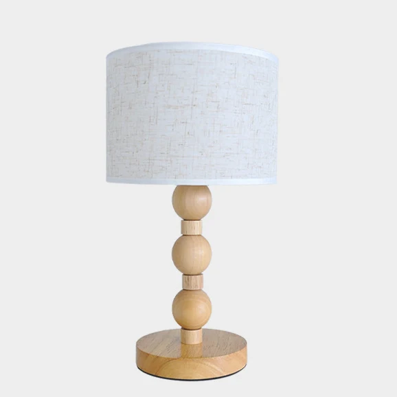 Contemporary Retro USB Cylinder Fabric Shade Wood Bead Base LED Table Lamp For Bedroom