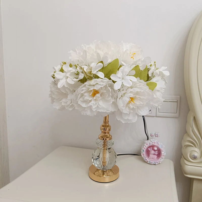 Modern Art Deco Round Metal Rose Crystal Fabric 1-Light Table Lamp For Bedroom