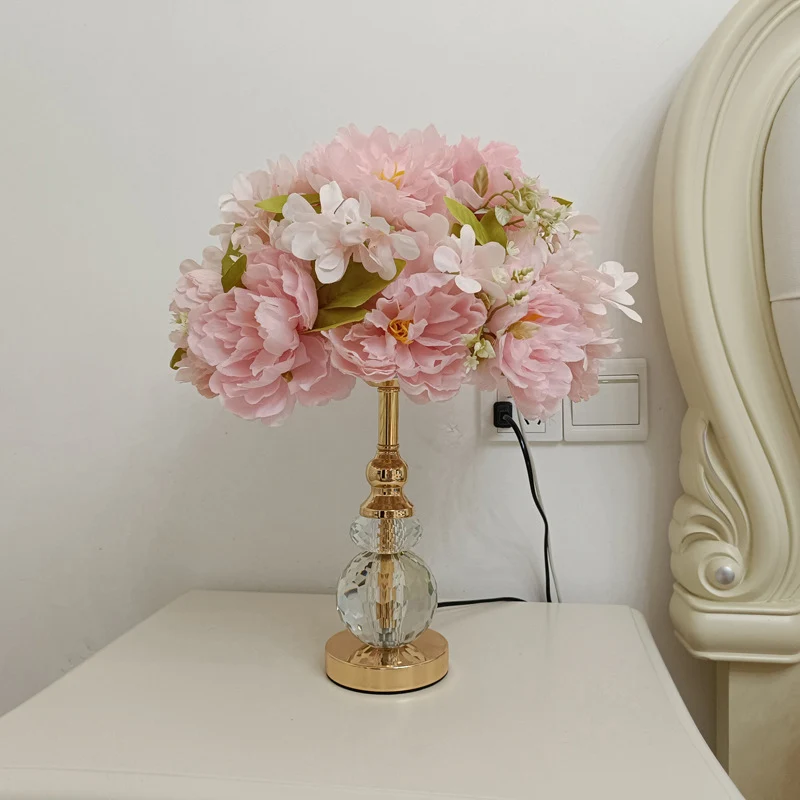 Modern Art Deco Round Metal Rose Crystal Fabric 1-Light Table Lamp For Bedroom