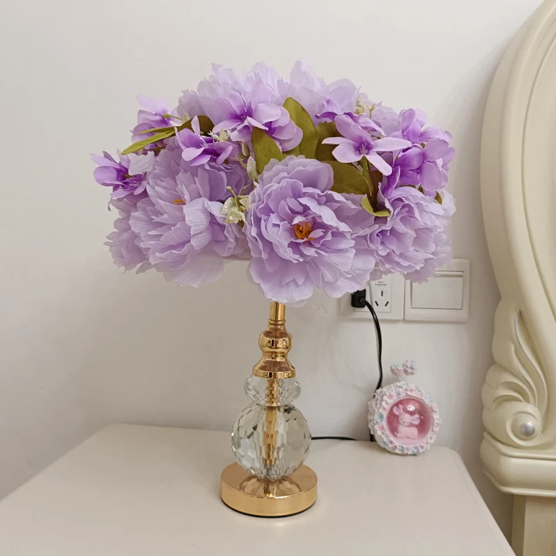 Modern Art Deco Round Metal Rose Crystal Fabric 1-Light Table Lamp For Bedroom