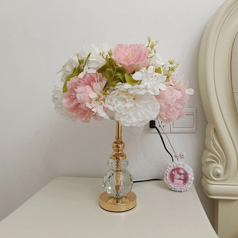 Modern Art Deco Round Metal Rose Crystal Fabric 1-Light Table Lamp For Bedroom