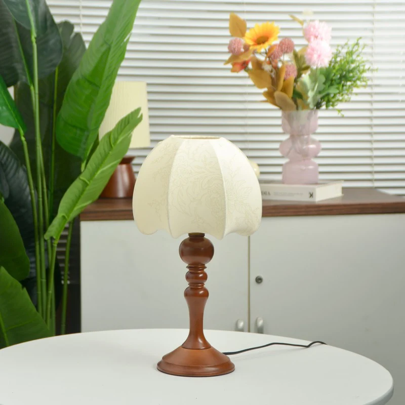 Traditional Chinese Dome Wood Fabric 1-Light Table Lamp For Living Room