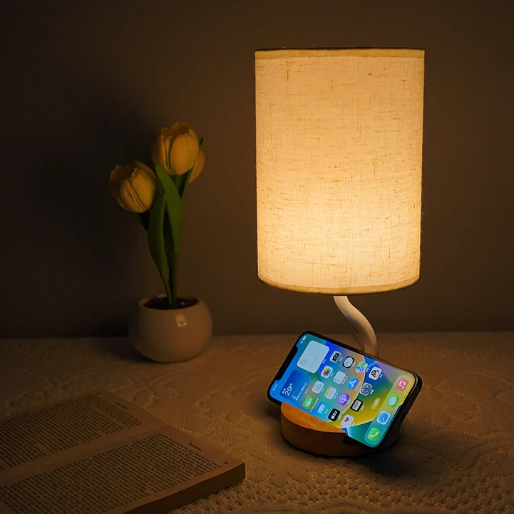 Modern Minimalist Cylinder Round Stand Fabric Wood LED Table Lamp For Living Room