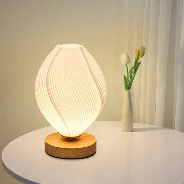 Contemporary Nordic Wood PLA ABS Bud Tulip Mango Striped 1-Light Table Lamp Night Light For Bedside