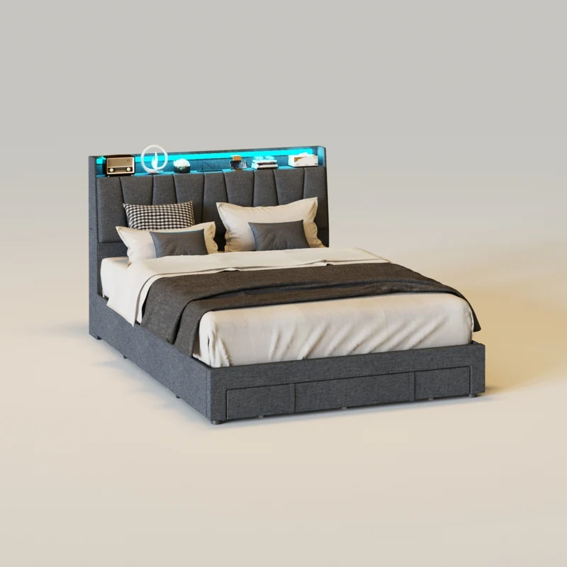 3 Drawers LED Upholstered Platform Bed