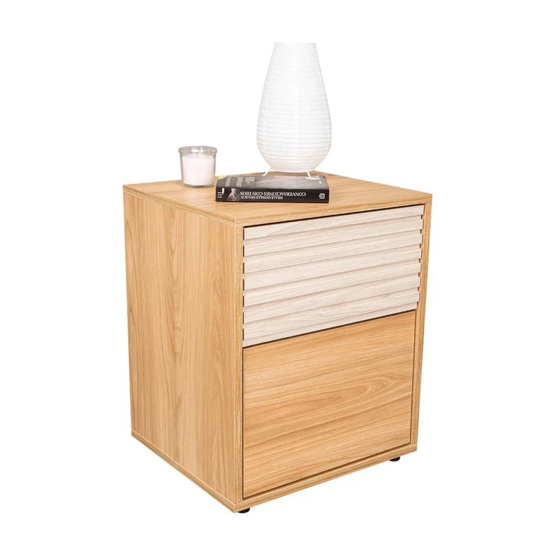 Mesa de Noche Wandda, Fresno Europeo y Roble Natural, con un Cajón para Guardar Objetos