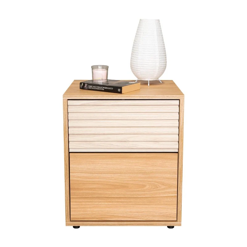 Mesa de Noche Wandda, Fresno Europeo y Roble Natural, con un Cajón para Guardar Objetos