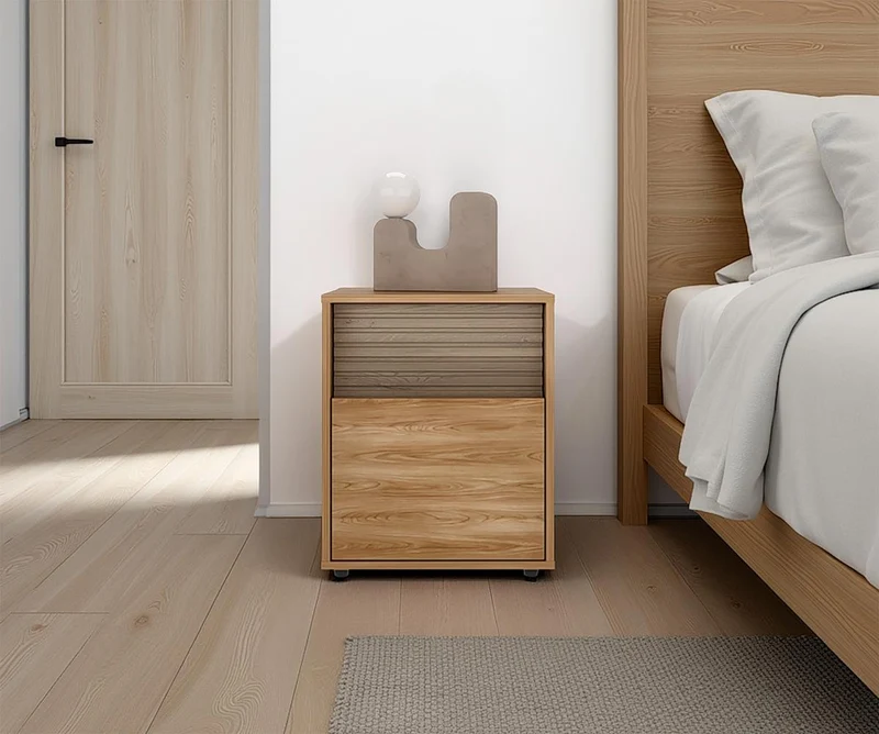 Mesa de Noche Wandda, Fresno Europeo y Roble Natural, con un Cajón para Guardar Objetos