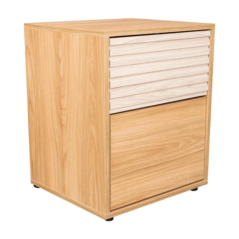 Mesa de Noche Wandda, Fresno Europeo y Roble Natural, con un Cajón para Guardar Objetos