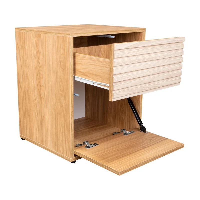 Mesa de Noche Wandda, Fresno Europeo y Roble Natural, con un Cajón para Guardar Objetos