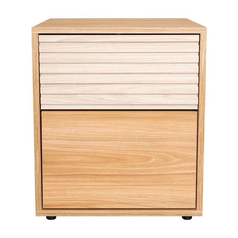 Mesa de Noche Wandda, Fresno Europeo y Roble Natural, con un Cajón para Guardar Objetos