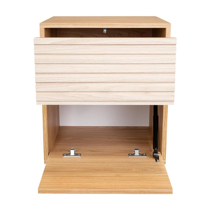 Mesa de Noche Wandda, Fresno Europeo y Roble Natural, con un Cajón para Guardar Objetos