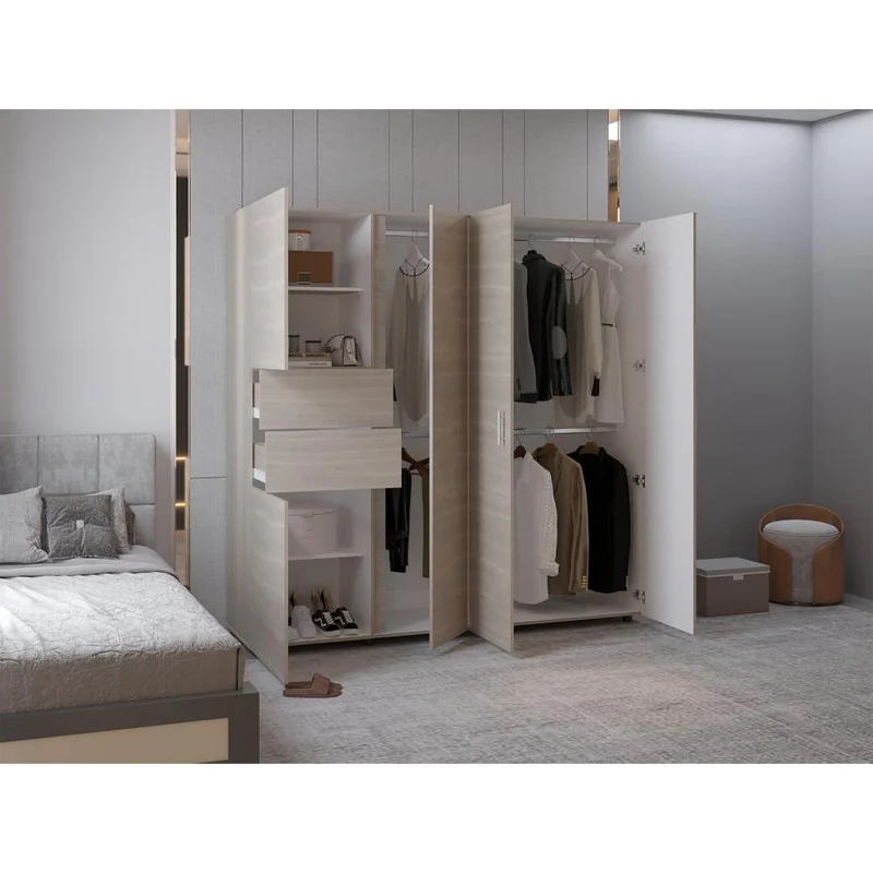 Clóset Antalya 200x200, Positano y Blanco, con Cinco Puertas Abatibles
