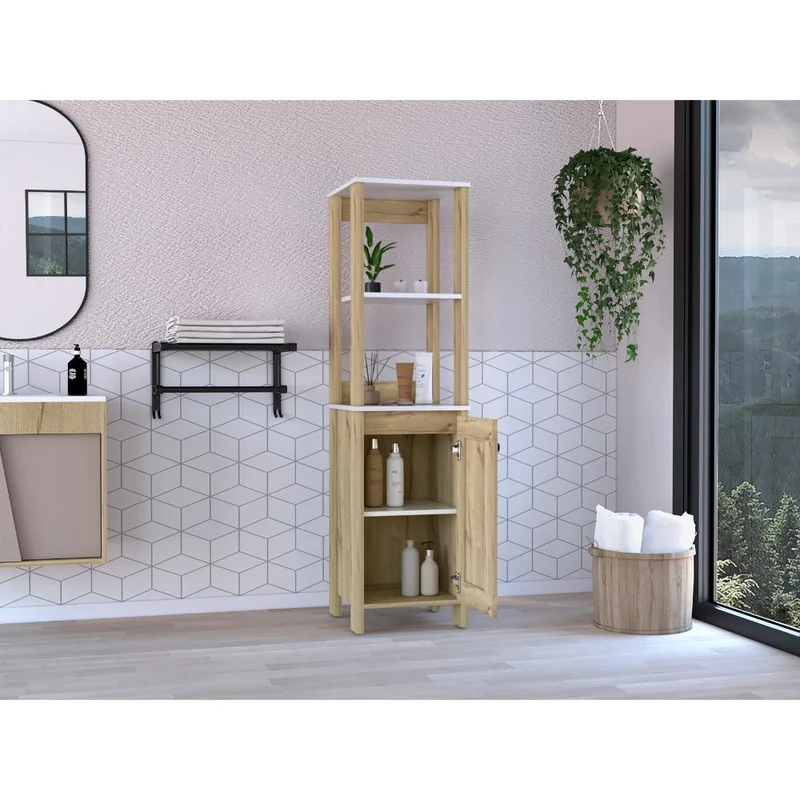 Mueble Auxiliar de Baño Aqua, Blanco Duqueza y Café Claro, con Amplio Espacio de Almacenamiento