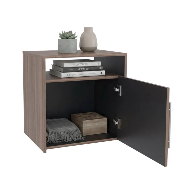 Mesa de Noche Montano, Avellana y Wengue, con un Cajón y Espacio para Colocar Objetos Decorativos