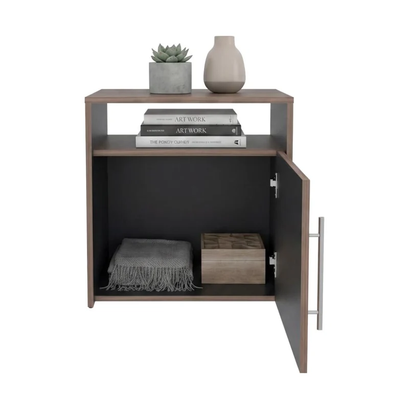 Mesa de Noche Montano, Avellana y Wengue, con un Cajón y Espacio para Colocar Objetos Decorativos