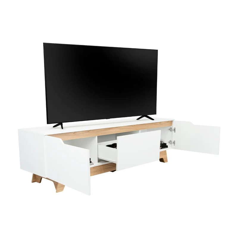 Mesa para TV Toulo, Blanco y Fresno Europeo, con Espacio para TV de 80"