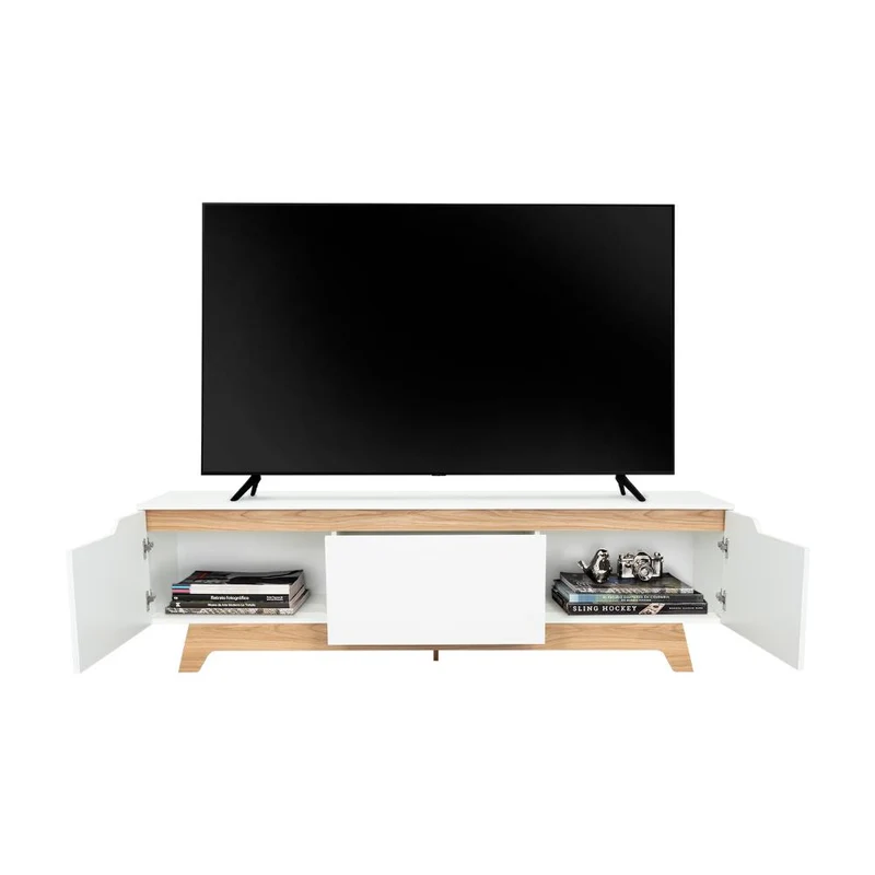 Mesa para TV Toulo, Blanco y Fresno Europeo, con Espacio para TV de 80"