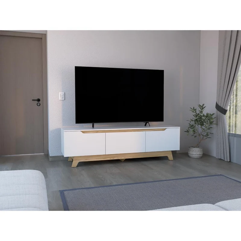 Mesa para TV Toulo, Blanco y Fresno Europeo, con Espacio para TV de 80"