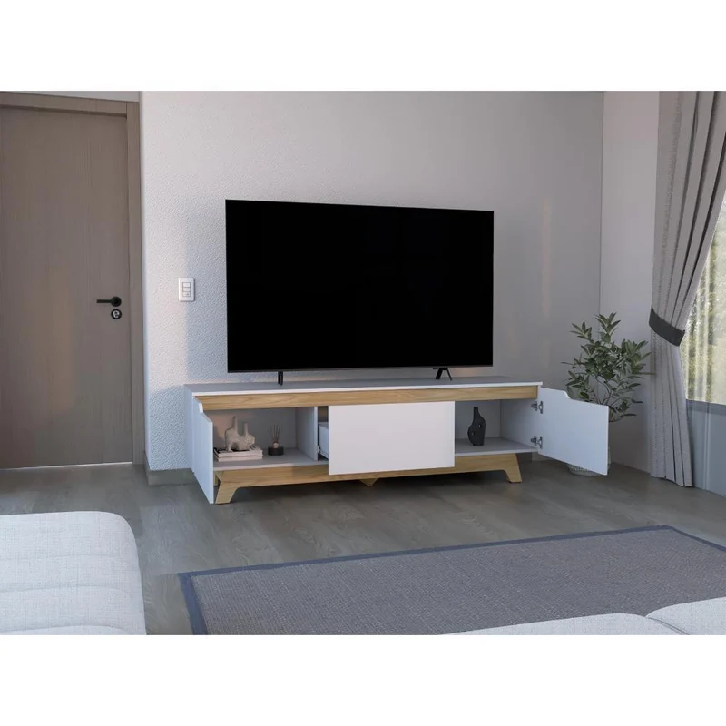 Mesa para TV Toulo, Blanco y Fresno Europeo, con Espacio para TV de 80"