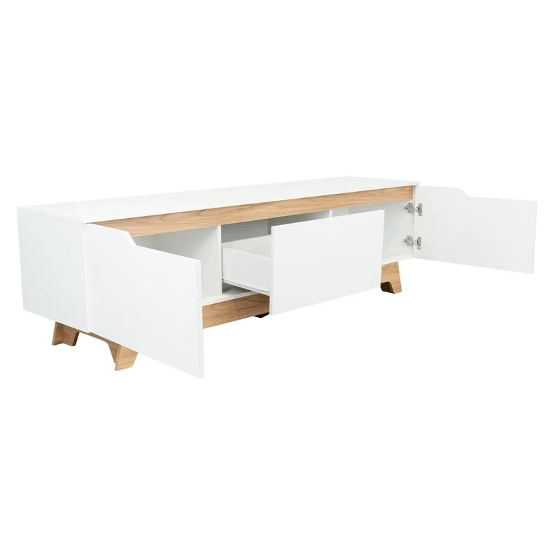 Mesa para TV Toulo, Blanco y Fresno Europeo, con Espacio para TV de 80"