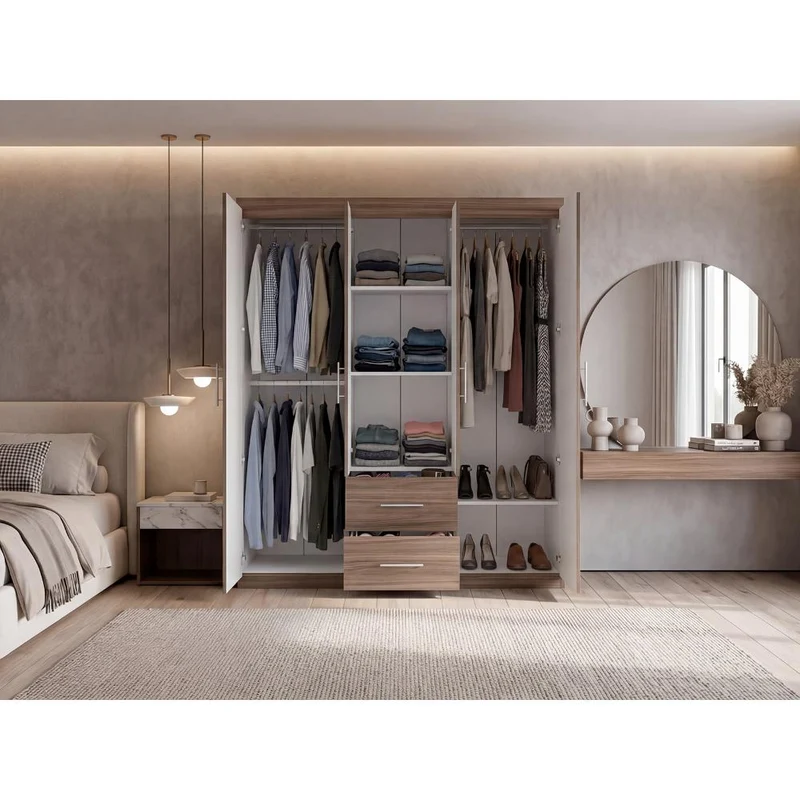 Clóset Bariloche Bombay Eco, Avellana y Blanco, con Variedad de Entrepaños y Cuatro Puertas Abatibles