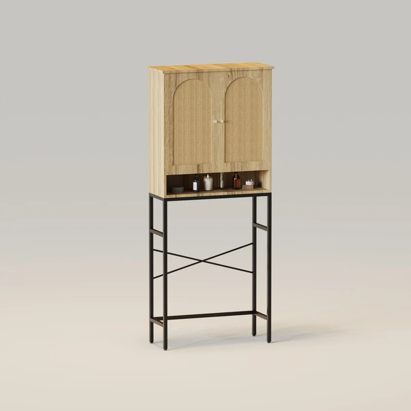 Over the Toilet Rattan Wood Cabinet Organizer