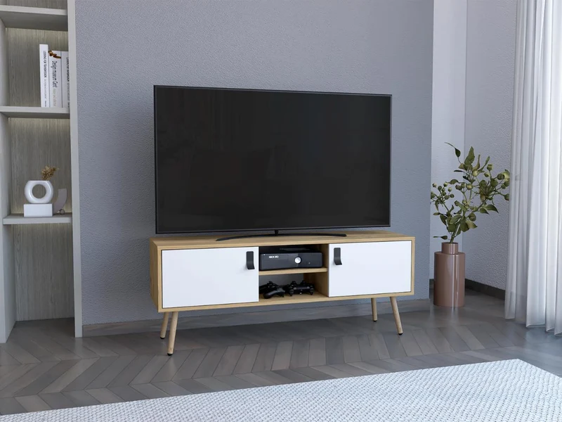 Mesa para TV Lienxo, Blanco y Fresno Europeo, con Espacio para TV hasta 50 Pulgadas
