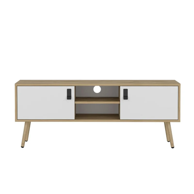 Mesa para TV Lienxo, Blanco y Fresno Europeo, con Espacio para TV hasta 50 Pulgadas