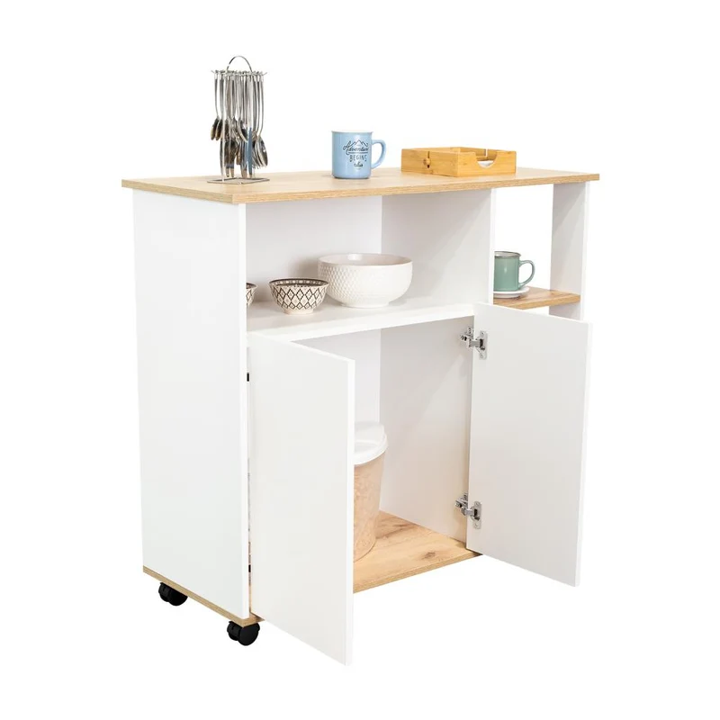 Mesa Auxiliar Ponte, Blanco Perla y Café Claro, con Amplia Superficie en la Mesa